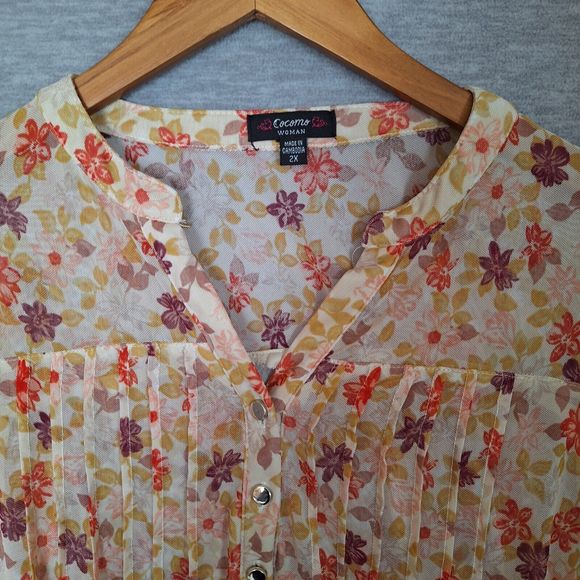 Cocomo Womens Blouse Top Plus 2X Floral  Stretch Pleated Roll Tab Sleeve Pleated - Picture 5 of 10